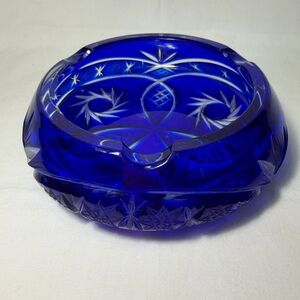 Cobalt Blue Cut To Clear Glass Ashtray with Pineapple Motif. Trinket Catchall